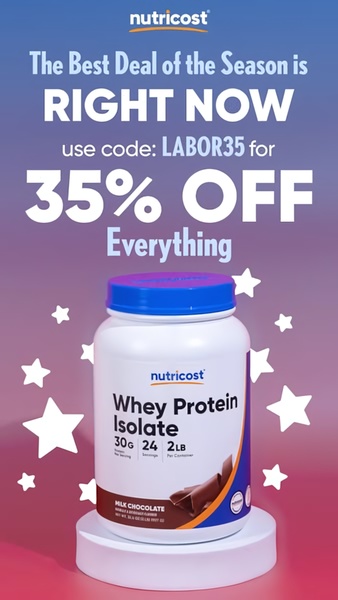 A high-contrast promotional graphic featuring a Whey Protein Isolate tub, leveraging a clear discount offer and a festive aesthetic to capture attention.